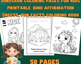 Målarbok med dinosaurier för barn, roliga fakta, affirmationer (PDF 50 sidor)