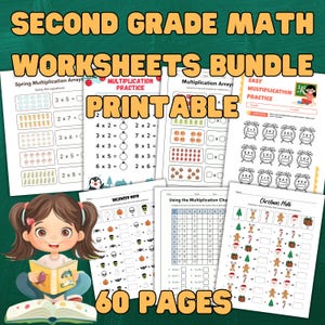 Second Grade Math Worksheets Bundle Printable, 2nd Grade Addition Subtraction Multiplication Activities PDF,Classroom Learning Pack 60 Pages