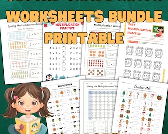 Second Grade Math Worksheets Bundle Printable, 2nd Grade Addition Subtraction Multiplication Activities PDF,Classroom Learning Pack 60 Pages