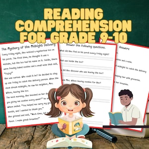 May include: A reading comprehension worksheet for grades 9-10. The worksheet features a story about a mysterious delivery of cookies and a note. The worksheet includes questions and answer lines for students to complete.