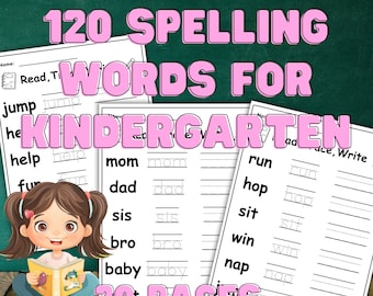 Werkbladen spelling 1e klas kleuterschool, overtrekken en handschrift, pagina's met 120 woorden (pdf)