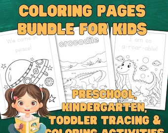 Pode incluir: Um pacote de 100 páginas para colorir imprimíveis para crianças. A imagem apresenta uma menina lendo um livro, com três páginas para colorir mostrando uma nave espacial, um crocodilo e um dinossauro. O texto inclui "Pré-escolar, Jardim de Infância, Atividades de rastreamento e coloração para crianças pequenas."