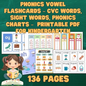 Phonics Vowel Flashcards Pack – CVC Words Flashcards, Sight Words, Phonics Charts – Printable PDF for Pre-School, Kindergarten - Grade 1