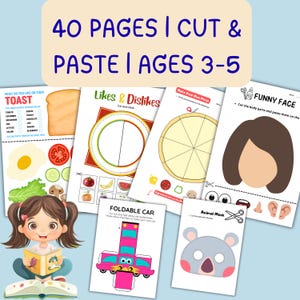 Könnte beinhalten: Eine Sammlung farbenfroher Aktivitätsseiten für Kinder im Alter von 3-5 Jahren mit Ausschneide- und Klebeaktivitäten. Die Seiten umfassen eine Toast-Belag-Tabelle, eine Pizza-Bastelaktivität, ein lustiges Gesichtsspiel und Tiermasken. Der Text auf dem Bild lautet "40 PAGES | CUT & PASTE | AGES 3-5".