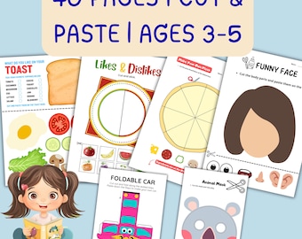Cut and Paste Worksheets for Preschool, 40 Scissor Skills Activities Ages 3-5 Printable