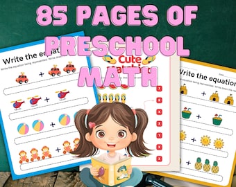 May include: A colorful image of preschool math worksheets with the text "85 PAGES OF PRESCHOOL MATH." The worksheets feature addition problems with illustrations of cars, helicopters, and other objects. A cartoon girl is reading a book in front of the worksheets.