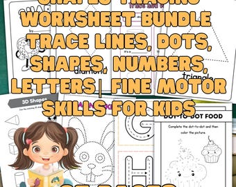 Puede incluir: Un paquete de hojas de trabajo para niños con el texto "Shapes Tracing Worksheet Bundle". Las hojas de trabajo incluyen el trazado de líneas, puntos, formas, números y letras. La imagen también muestra una niña de dibujos animados y el texto "Fine Motor Skills for Kids" y "85 Pages".