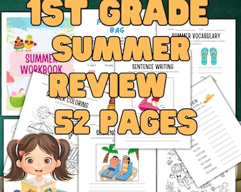 First Grade Summer Review Packet | 52 Pages Math Writing Phonics Worksheets | Homeschool Printable PDF