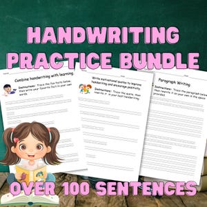 Puede incluir: Un paquete de práctica de escritura imprimible con más de 100 oraciones. El paquete incluye tres hojas de trabajo: combinar la escritura con el aprendizaje, escribir citas motivacionales para mejorar la escritura y fomentar la positividad, y escribir párrafos.