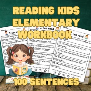 Peut inclure: Un cahier d'exercices pour enfants coloré avec le texte "Reading Kids Elementary Workbook 100 Sentences". Une fillette de dessin animé lit un livre. Les pages du cahier ont des phrases simples pour s'entraîner à la lecture.