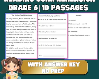 6th Grade Reading Comprehension Worksheets, 10 Passages with Answer Key