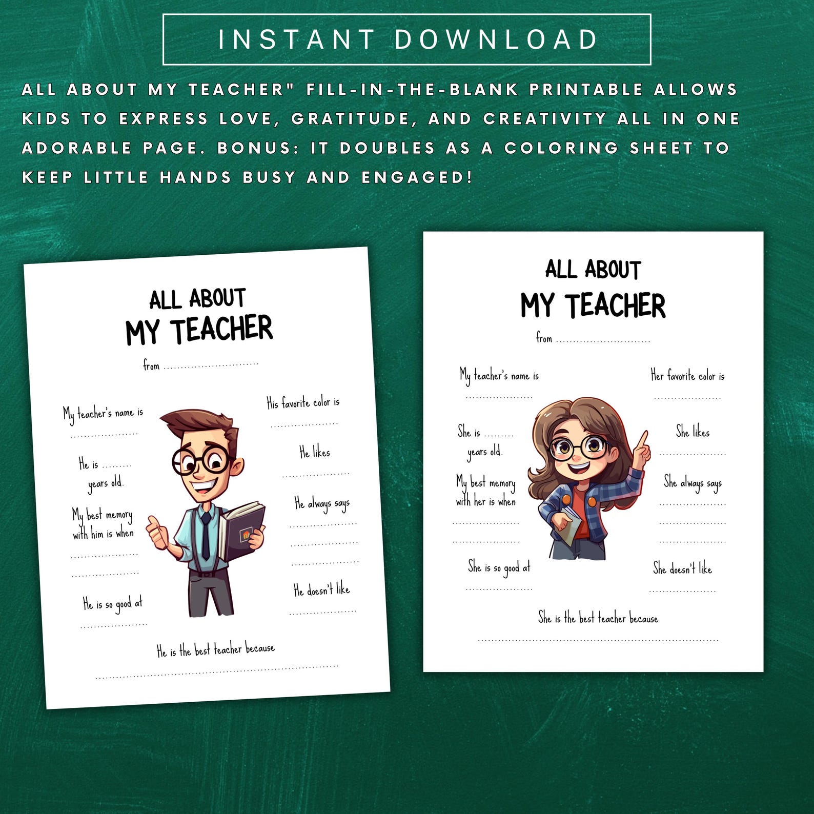 All About My Teacher Printable Gift | Fill-in-the-blank Coloring Page ...