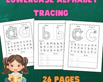 Puede incluir: Un conjunto de tres hojas de trabajo educativas para trazar el alfabeto en minúsculas. Cada página presenta una letra, un laberinto y espacio para escribir. La imagen también incluye una ilustración de dibujos animados de una niña leyendo un libro. El texto dice "Lowercase Alphabet Tracing" y "26 Pages."