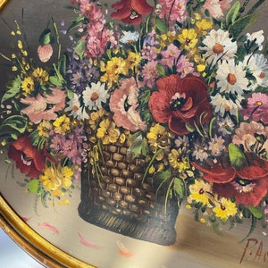 Pu&ograve; includere: Un dipinto incorniciato che raffigura un cesto traboccante di una variet&agrave; di fiori colorati, tra cui papaveri rossi, fiori rosa e margherite gialle. Il cesto &egrave; intrecciato e marrone, e i fiori sono disposti in uno stile naturale e fluido.