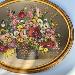 Pu&ograve; includere: Un dipinto incorniciato di un bouquet di fiori colorati in un cesto intrecciato. I fiori sono principalmente rosa, rossi e gialli, e lo sfondo &egrave; un marrone smorzato. Il dipinto &egrave; firmato "P.A.W." nell'angolo in basso a destra.