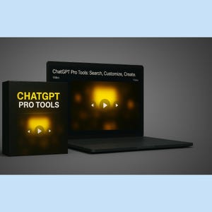 May include: A laptop computer with a black case and a bright yellow screen displaying the text "ChatGPT Pro Tools: Search, Customize, Create."  The screen also shows a play button icon.  A box with the text "CHATGPT PRO TOOLS" is in the foreground.