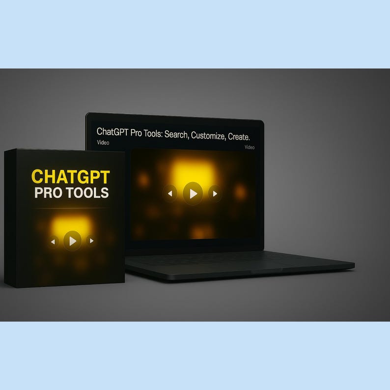 May include: A laptop computer with a black case and a bright yellow screen displaying the text "ChatGPT Pro Tools: Search, Customize, Create."  The screen also shows a play button icon.  A box with the text "CHATGPT PRO TOOLS" is in the foreground.
