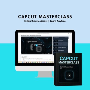 Op de afbeelding: Een computerscherm waarop een videoles te zien is met de titel "CapCut Masterclass" op een zwarte en blauwe achtergrond. De videoles gaat over het bewerken van afbeeldingen voor snelle en effici&euml;nte workflows. Onder de video staat een lijst met onderwerpen die in de les worden behandeld. Op de voorgrond staat een doos met een afspeelknop, met de tekst "CapCut Masterclass Video".