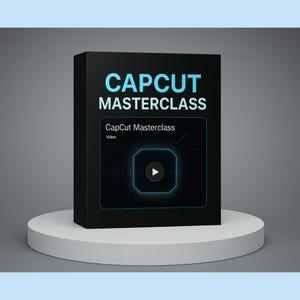 Op de afbeelding: Zwarte doos met de tekst "CAPCUT MASTERCLASS" in wit. De doos heeft een kleiner zwart rechthoek met de tekst "CapCut Masterclass" in wit en het woord "Video" in kleinere witte tekst. Het kleinere rechthoek heeft een blauw afspeelknop-icoon in het midden.