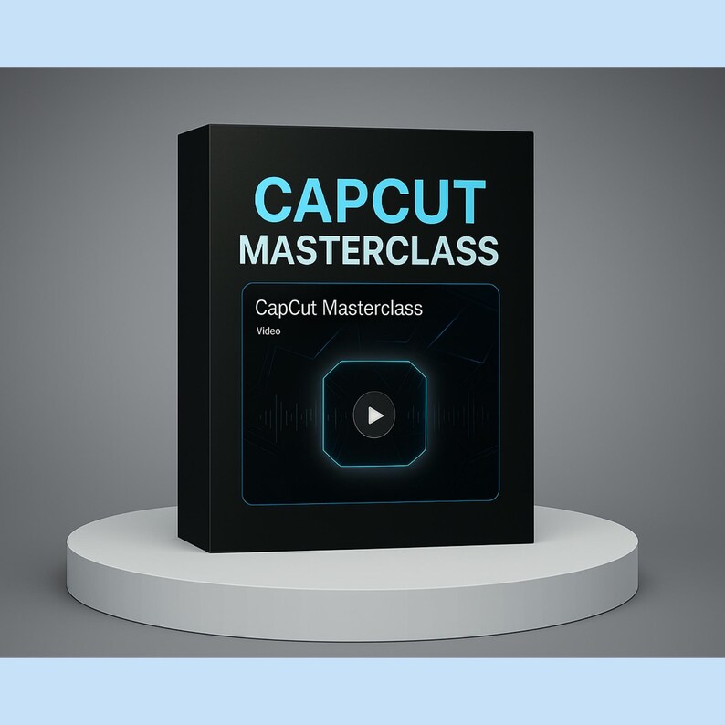 Op de afbeelding: Zwarte doos met de tekst "CAPCUT MASTERCLASS" in wit. De doos heeft een kleiner zwart rechthoek met de tekst "CapCut Masterclass" in wit en het woord "Video" in kleinere witte tekst. Het kleinere rechthoek heeft een blauw afspeelknop-icoon in het midden.