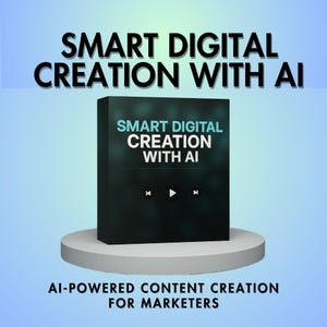 May include: A black box with the text "SMART DIGITAL CREATION WITH AI" on it. The box is on a white platform with the text "AI-POWERED CONTENT CREATION FOR MARKETERS" below it.