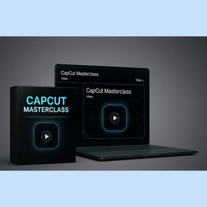 Op de afbeelding: Een zwarte laptop met een helderblauw en wit CapCut Masterclass-logo op het scherm. De laptop staat op een grijs oppervlak naast een zwarte doos met hetzelfde logo. De doos heeft een afspeelknop-icoon erop.