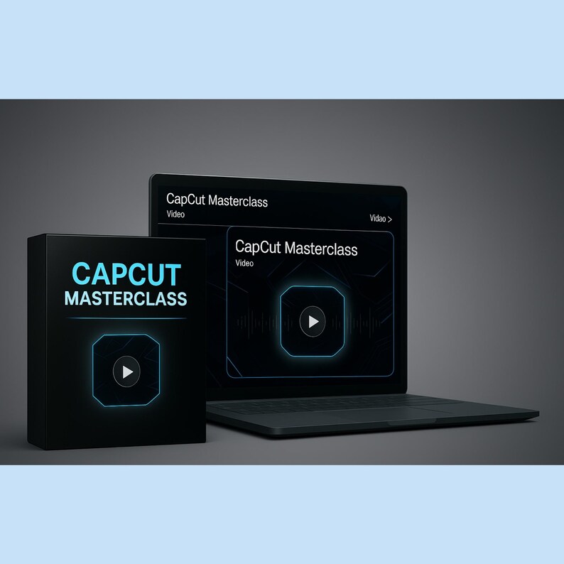 Op de afbeelding: Een zwarte laptop met een helderblauw en wit CapCut Masterclass-logo op het scherm. De laptop staat op een grijs oppervlak naast een zwarte doos met hetzelfde logo. De doos heeft een afspeelknop-icoon erop.