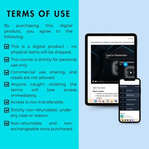 Op de afbeelding: Een blauw en wit digitaal document met een checklist van gebruiksvoorwaarden voor een digitaal product. De tekst bevat het volgende: Dit is een digitaal product - er worden geen fysieke artikelen verzonden. Deze cursus is strikt voor persoonlijk gebruik. Commerci&euml;le gebruik, delen en doorverkoop zijn niet toegestaan. Iedereen die de voorwaarden schendt, verliest onmiddellijk de toegang. De toegang is niet overdraagbaar. Strikt niet-restitueerbaar, in geen enkel geval of om welke reden dan ook. Niet-retourneerbaar en niet-uitwisselbaar na aankoop.