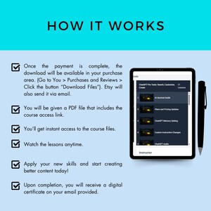 May include: A checklist with six steps on how to access a digital course. The checklist includes steps like payment, download, access link, and certificate. The image also shows a screenshot of a tablet with a course outline.