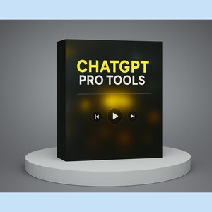 May include: A black box with the text "ChatGPT Pro Tools" in yellow letters. The box has a blurred background with yellow lights and a play button in the center.