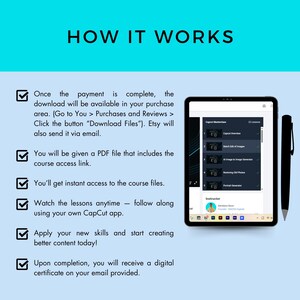 Op de afbeelding: Een checklist met vijf groene vinkjes en tekst die uitlegt hoe je toegang krijgt tot een digitale cursus. De tekst luidt "Hoe het werkt" en bevat details over betaling, downloadtoegang, PDF-bestand, directe toegang, lessen en een digitaal certificaat. Een laptopscherm toont een cursusoverzicht met de titel "CapCut Masterclass" en een lijst met lessen.