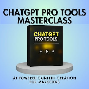 May include: A black box with the text "CHATGPT PRO TOOLS" in yellow on a white platform. The text "AI-POWERED CONTENT CREATION FOR MARKETERS" is below the platform.