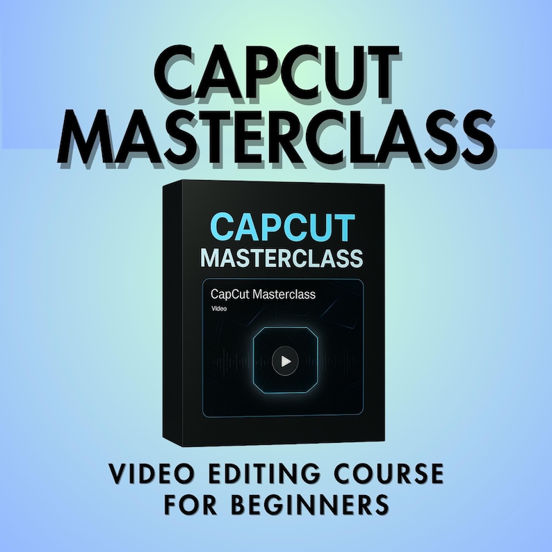 Op de afbeelding: Een zwarte doos met de tekst "CapCut Masterclass" in wit en blauw. De doos is gelabeld "Video Editing Course for Beginners".