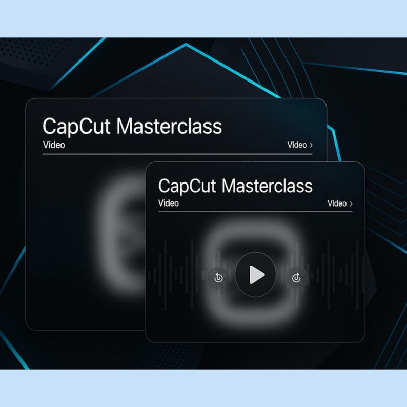 Op de afbeelding: Twee zwarte rechthoekige dozen met afgeronde hoeken. De bovenste doos heeft de tekst "CapCut Masterclass" en daaronder "Video". De onderste doos heeft de tekst "CapCut Masterclass" en daaronder "Video". De onderste doos heeft ook een afspeelknop en twee terugspoelknoppen.