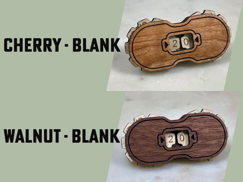 May include: Two wooden counter wheels with a number display showing "20". The top wheel is cherry wood and the bottom wheel is walnut wood.