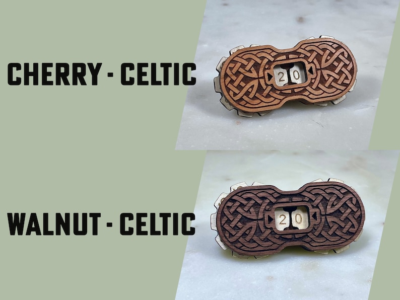 May include: Two wooden dice with a Celtic knot design. The dice are made of cherry and walnut wood. The dice are numbered 20.
