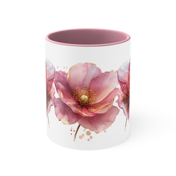 Pink Flowers Accent Coffee Mug, 11oz