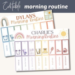 Quadro de rotina matinal para crianças, cronograma visual para pré-escola editável Boho, cronograma para educação domiciliar para impressão, rotina Montessori