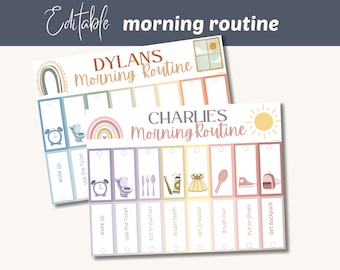 May include: Two printable charts for children's morning routines. The charts are decorated with rainbows, suns, and other colorful illustrations. The top chart is labeled "DYLAN'S Morning Routine" and the bottom chart is labeled "CHARLIE'S Morning Routine". Each chart has a list of activities with checkboxes next to each activity.