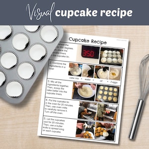 Ricetta visiva per cupcake per bambini, ricettario adattato stampabile, lezione di homeschooling con immagini di vita reale, attività Montessori per l'educazione speciale