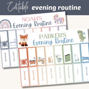 Rotafolio de rutina nocturna para niños, rotafolio editable para la hora de dormir, horario visual imprimible, horario diario para niños, ritmo digital Boho Montessori