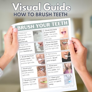 May include: A visual guide titled "HOW TO BRUSH TEETH" is held by hands. The guide shows steps for brushing teeth, including grabbing a toothbrush, applying toothpaste, and rinsing. The guide is in English.