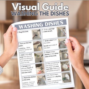 Visuellt stöd för diskning, utskrivbar bildguide för barn, exempel på enkla färdigheter i verkligheten, specialpedagogiskt stöd, assistent för autism/AST