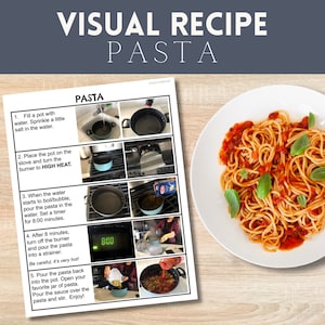 May include: A visual recipe for making pasta with step-by-step instructions and photos. The recipe includes filling a pot with water, adding salt, bringing the water to a boil, adding pasta, setting a timer for 8 minutes, draining the pasta, adding sauce, and stirring. The final image shows a plate of pasta with sauce and basil.