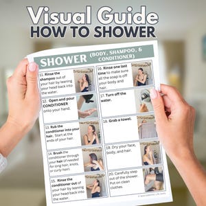 May include: A visual guide titled "HOW TO SHOWER" is held by hands. The guide details the steps for showering, including rinsing shampoo and conditioner, and drying off. The guide is in English.
