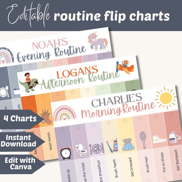 Kids routine flip chart, printable morning flipchart, evening visual schedule, toddler afternoon rhythm, personalize montessori bedtime