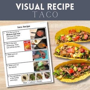 Könnte beinhalten: Ein visuelles Rezept zum Zubereiten von Tacos. Das Rezept umfasst fünf Schritte mit Bildern zu jedem Schritt. Die Schritte sind: 1. Den Brenner auf mittlere bis hohe Hitze stellen und das Fleisch kochen, bis es braun ist. 2. Das Taco-Gewürz einrühren. Dann den Brenner ausschalten. 3. Eine Tomate waschen und schneiden. 4. Den Salat waschen und schneiden. 5. Die Zutaten in die Tortilla geben und genießen. Das Bild zeigt auch drei fertige Tacos mit Fleisch, Salat und Tomate.