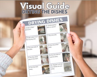 May include: A visual guide with illustrations showing the steps for drying dishes. The steps include grabbing a clean dishcloth, grabbing a dish from the drying rack, drying one side of the dish, drying the other side of the dish, putting the dish away, grabbing another dish or utensil, drying one side, drying the other side, putting the dish or utensil away, and repeating until all the dishes are put away.