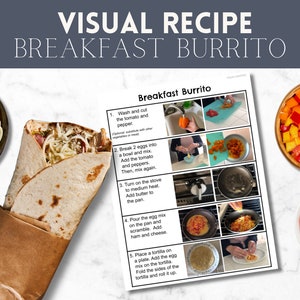 Op de afbeelding: Een visueel recept voor een ontbijtburrito met stapsgewijze instructies en foto's. Het recept omvat het wassen en snijden van tomaten en paprika's, het breken van eieren in een kom, het roeren van eieren in een pan en het oprollen van de burrito.