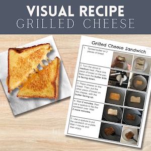 Op de afbeelding: Een visueel recept voor het maken van een tosti. Het recept bevat vijf stappen met afbeeldingen van elke stap. De stappen zijn: 1. Smeer boter op 2 sneetjes brood. 2. Zet de kookplaat op middelhoog vuur. Leg een sneetje brood in de pan. Zorg ervoor dat de kant met de boter naar beneden wijst. 3. Leg kaas op het brood. Leg vervolgens het andere sneetje brood op de kaas, met de kant met de boter naar boven. 4. Wacht 2 minuten, draai het sandwich dan om met een spatel. Wacht nog eens 2 minuten. 5. Leg het sandwich met een spatel op een bord. Wacht 1 minuut en geniet.